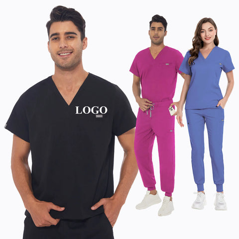 OEM logo Scrub Suit v Neck Short Sleeve Doctor Hospital Uniforms Suits Top Jogger Pants Scrubs Unisex Mens Uniform Sets