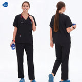 Black Surgical Suit Scrub Outfits Four-Way Stretch Short Sleeve Scrubs Uniforms Sets Vet Pet Clinic Medical Blouse Uniforms