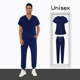 OEM logo Scrub Suit v Neck Short Sleeve Doctor Hospital Uniforms Suits Top Jogger Pants Scrubs Unisex Mens Uniform Sets