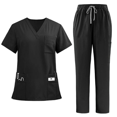 Black Surgical Suit Scrub Outfits Four-Way Stretch Short Sleeve Scrubs Uniforms Sets Vet Pet Clinic Medical Blouse Uniforms